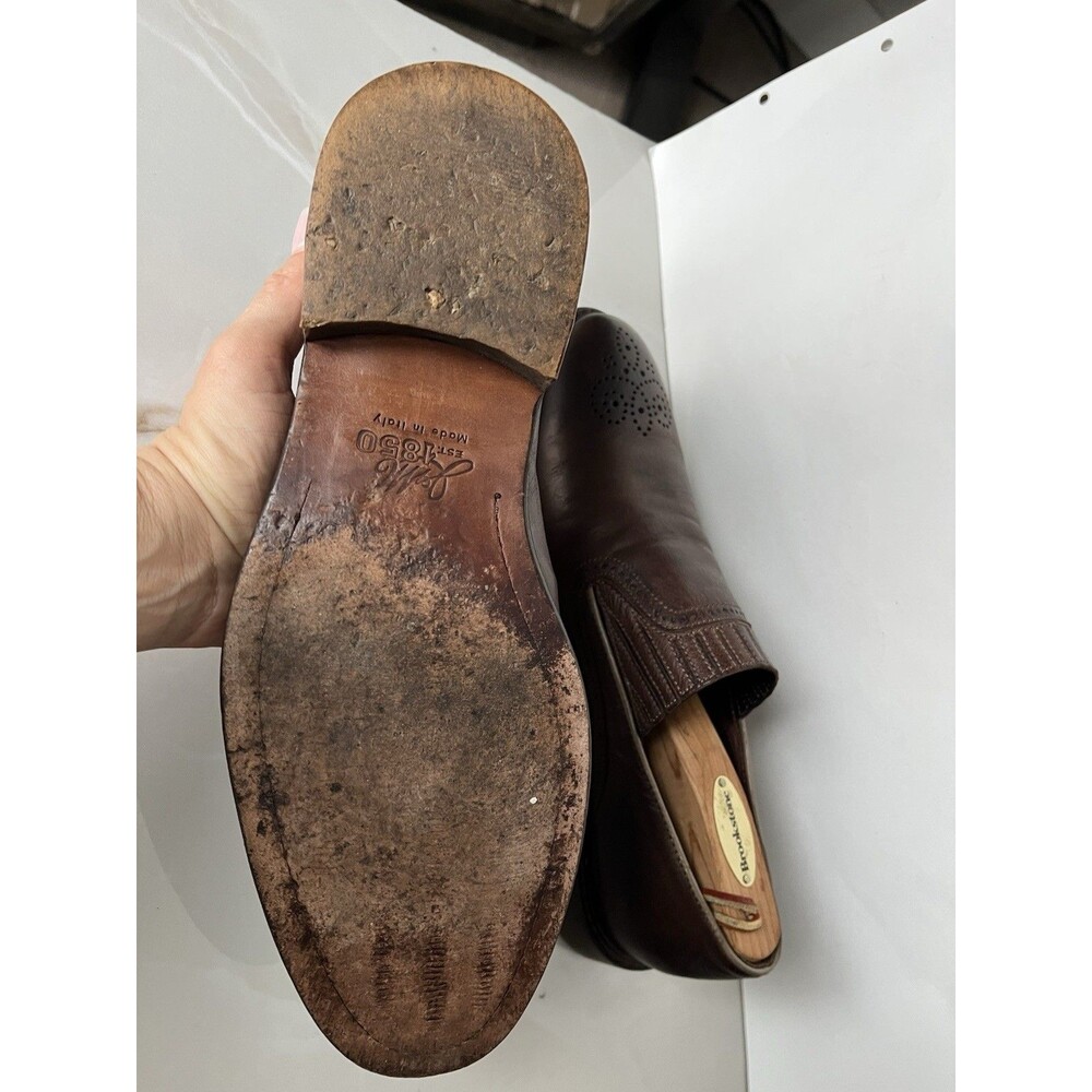 J&M Johnston Murphy Loafers Slip On Mens Brown Leather Dress Shoes Sz 9 M Italy - Picture 10 of 13